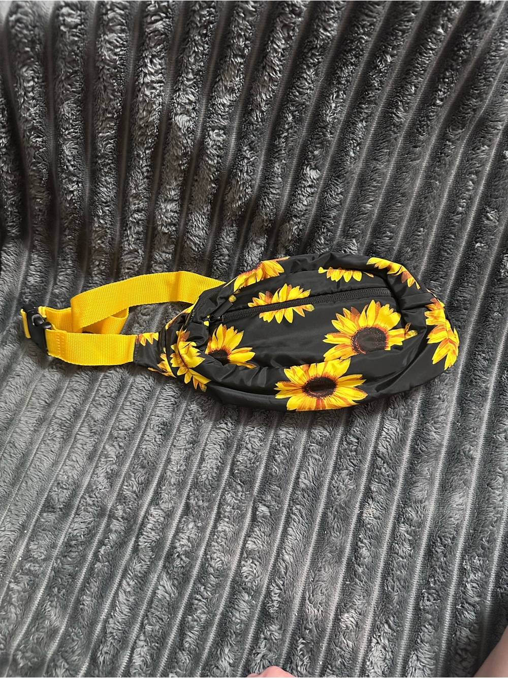 Sunflower Print Black Fanny Pack with Adjustable Yellow Strap